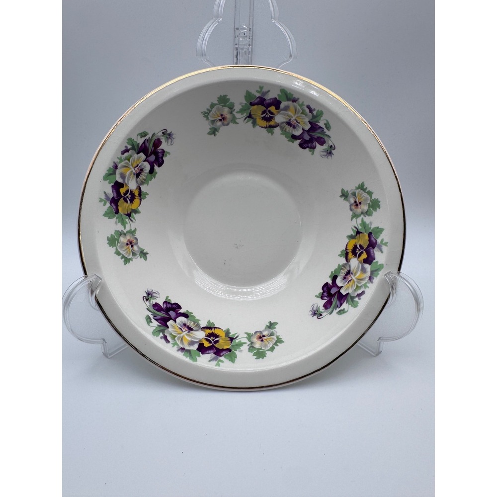 Vintage Pansy Floral Ceramic Bowl Gold Trim Purple Yellow Cottagecore 8.75 Inch
